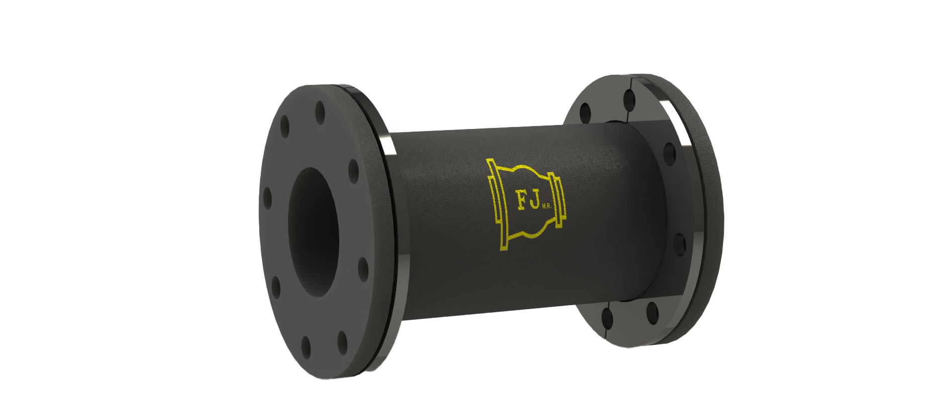 Junta de expansión de goma negra tipo carrete recto con bridas perforadas, ideal para conexiones industriales flexibles.