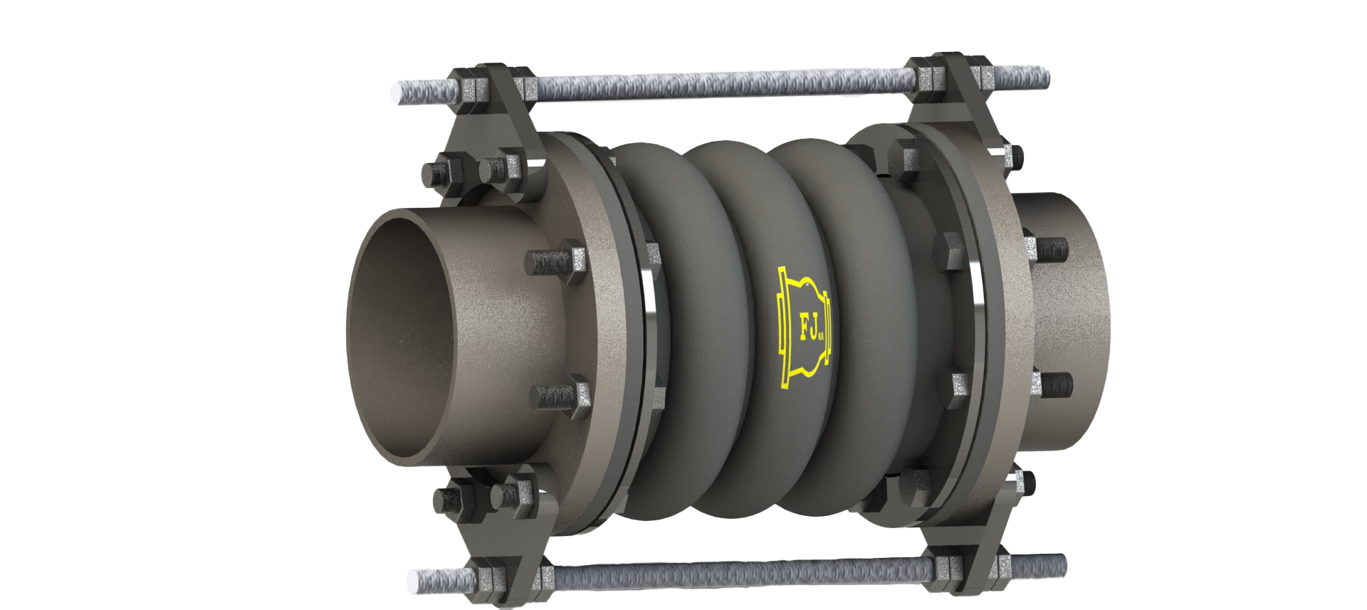 Junta de expansión de goma de tres arcos equipada con varillas y tirantes de control metálicos para tuberías de alta presión.