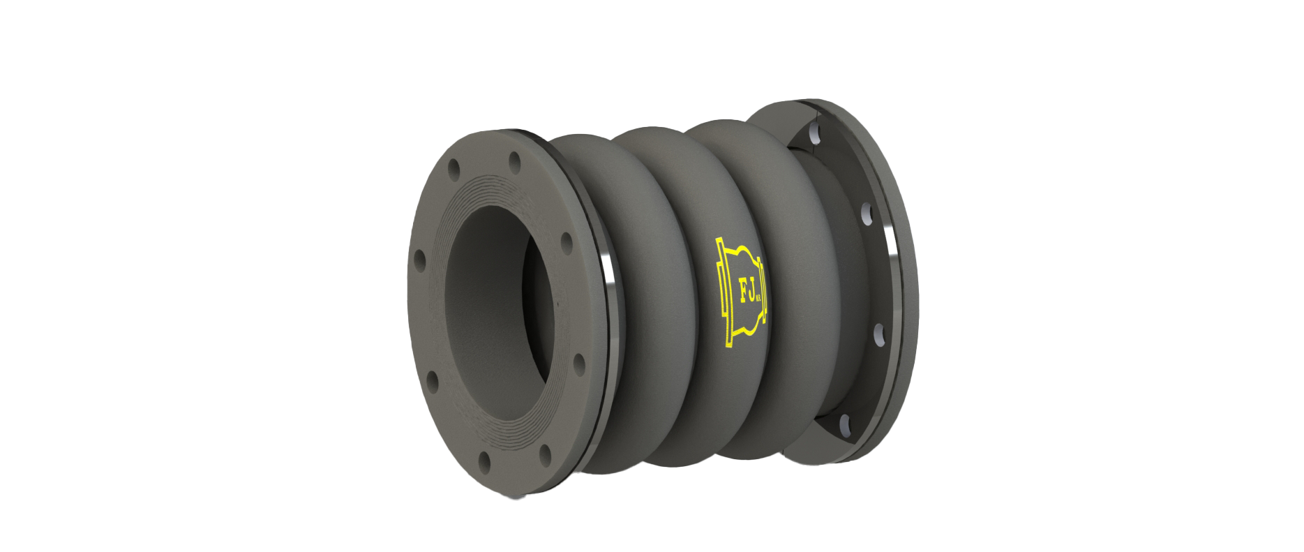 Render industrial de junta de expansión de goma con tres arcos de amortiguación, bridas metálicas y logotipo de Flexijuntas.