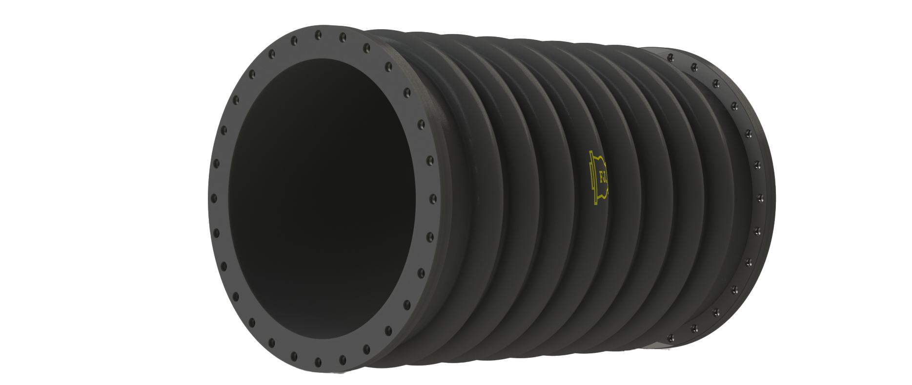 Modelo 3D de junta de expansión flexible negra con bridas, fabricada por Flexijuntas para amortiguación de vibraciones en tuberías industriales.